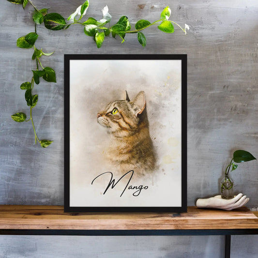 Aquarell-Tierportrait einer gestreifen Katze im Wasserfarben-Stil auf Fine-Art Papier im schwarzen Bilderrahmen 30x40 cm. Vor vorne auf einem Regal an einer Wand lehnend.