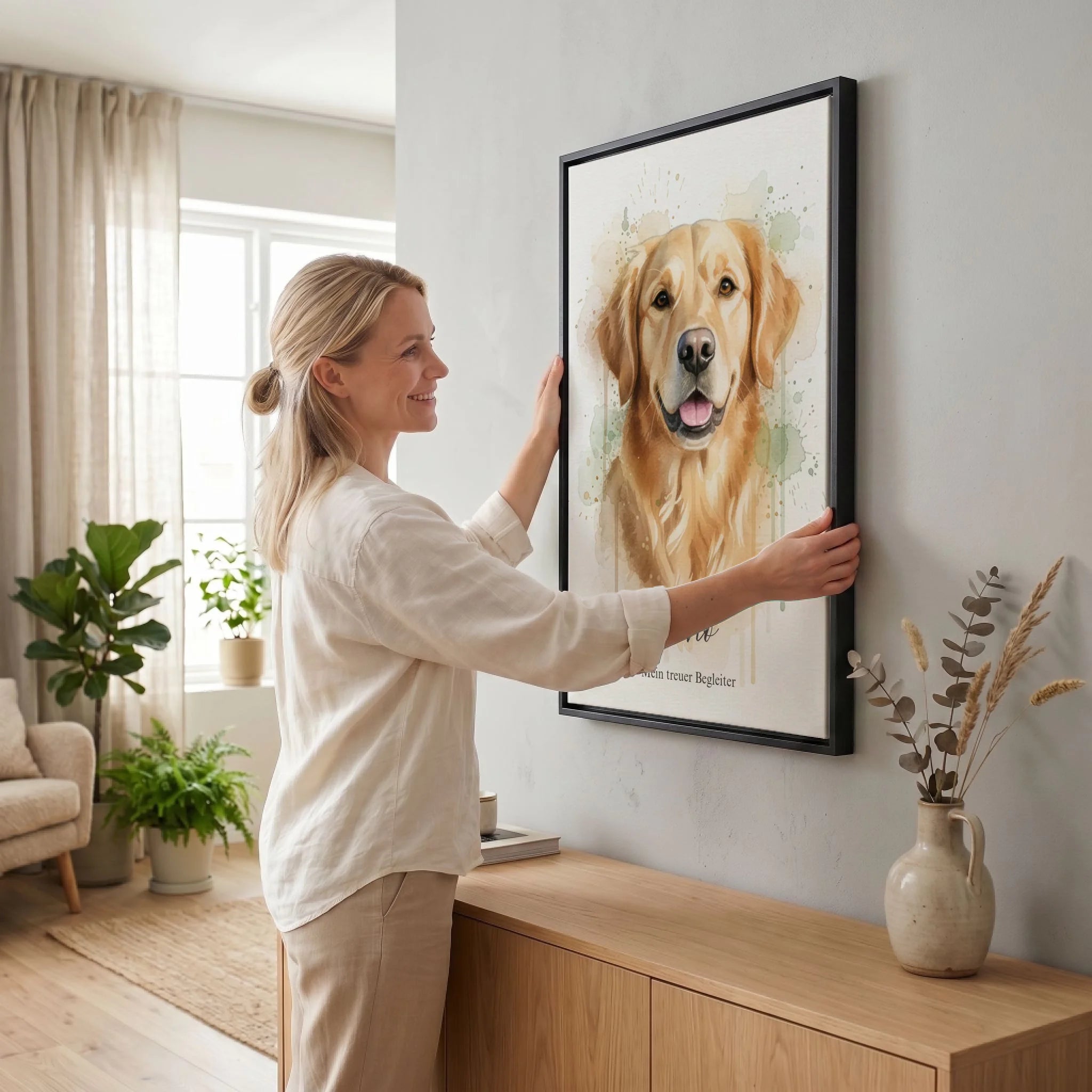 Frau hängt Leinwand auf 23 black