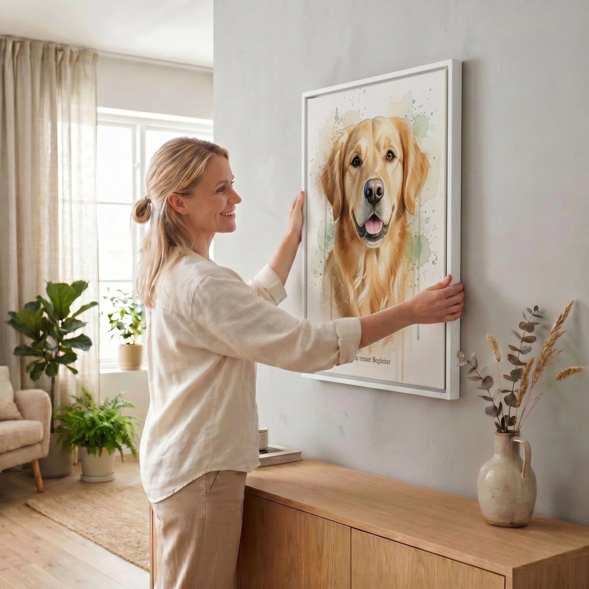 Frau hängt Leinwand auf 34 weiss