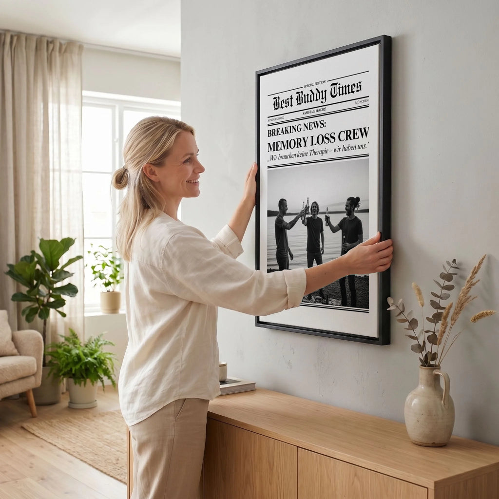 Frau hängt Leinwand auf 23 black