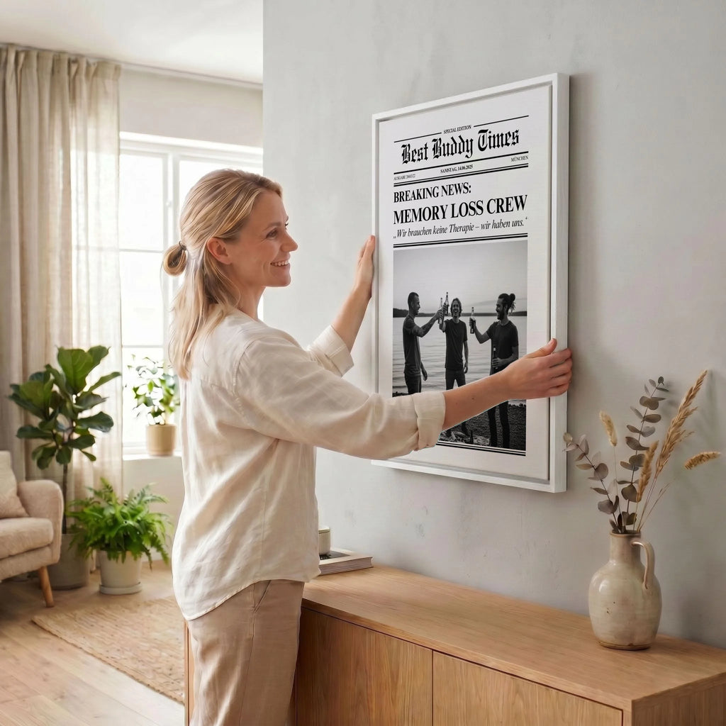 Frau hängt Leinwand auf 34 weiss