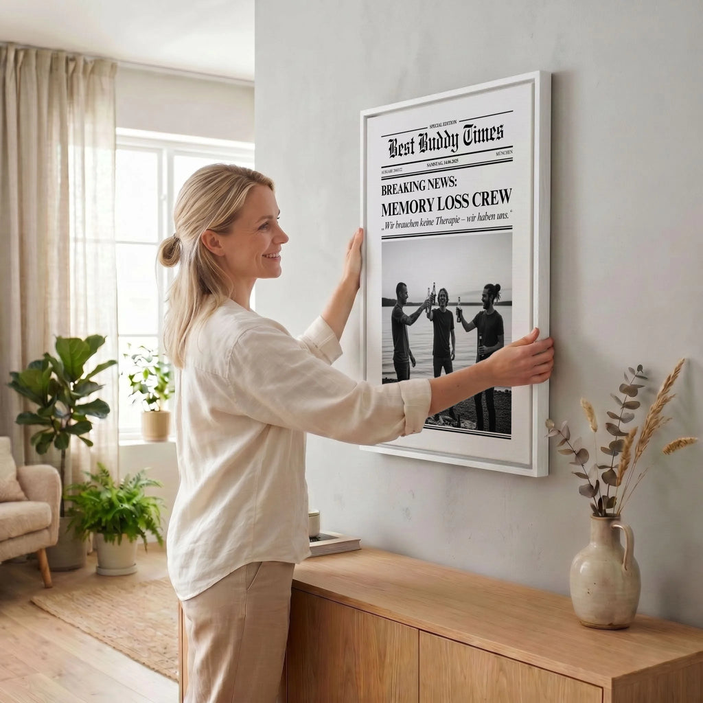 Frau hängt Leinwand auf 34 weiss