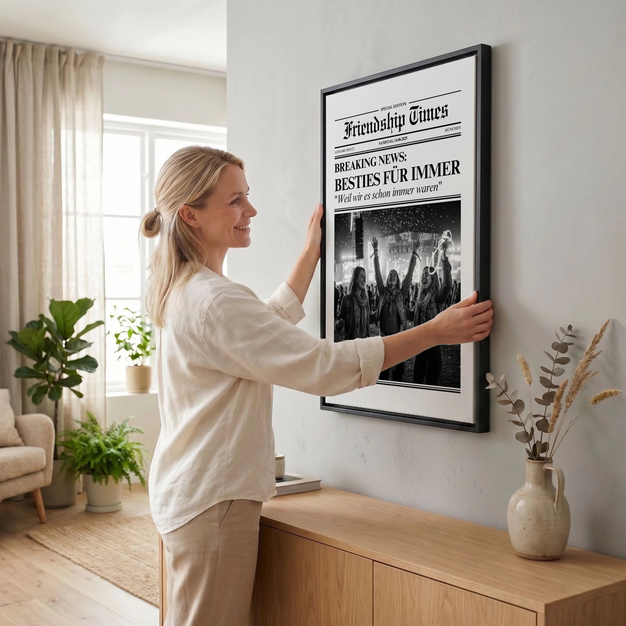 Frau hängt Leinwand auf 23 black