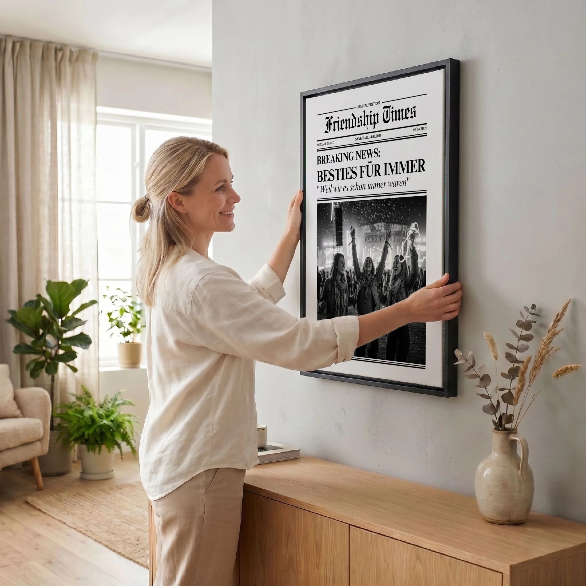 Frau hängt Leinwand auf 34 black