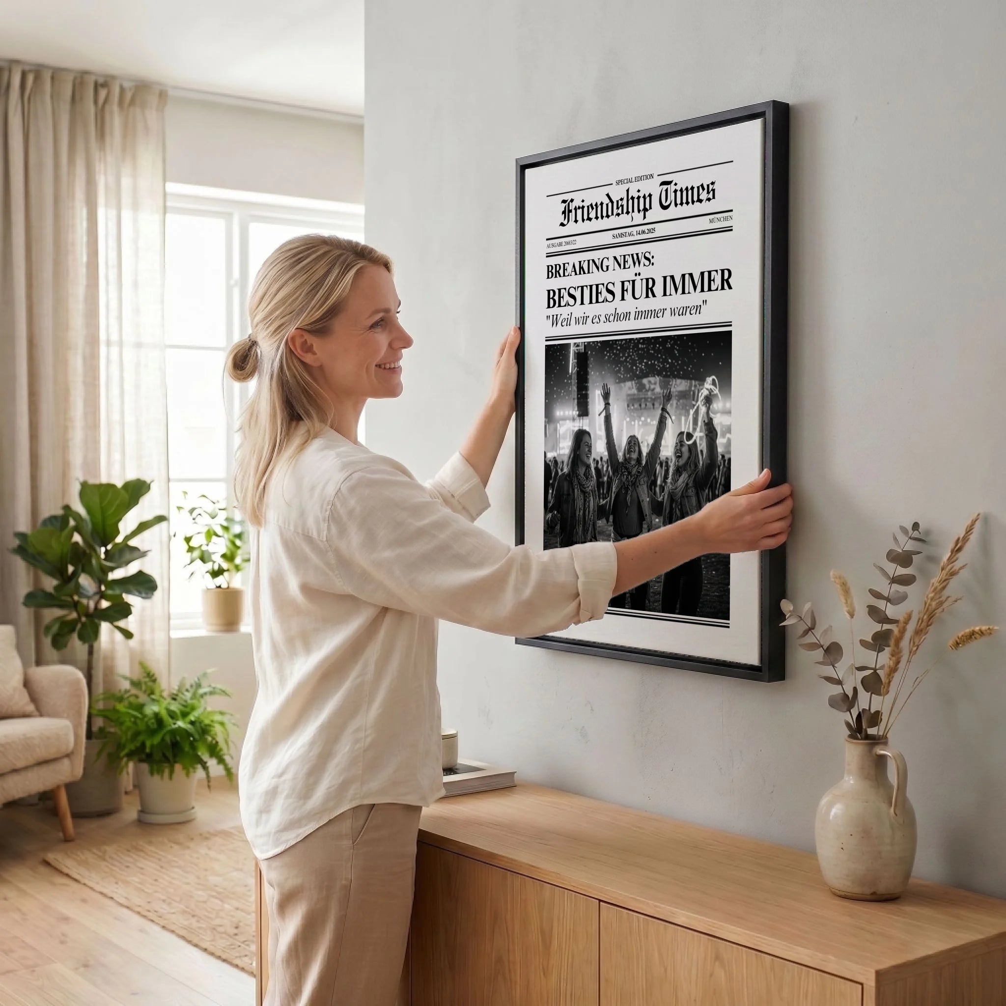 Frau hängt Leinwand auf 34 black