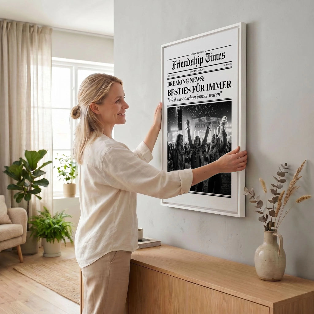 Frau hängt Leinwand auf 23 weiss
