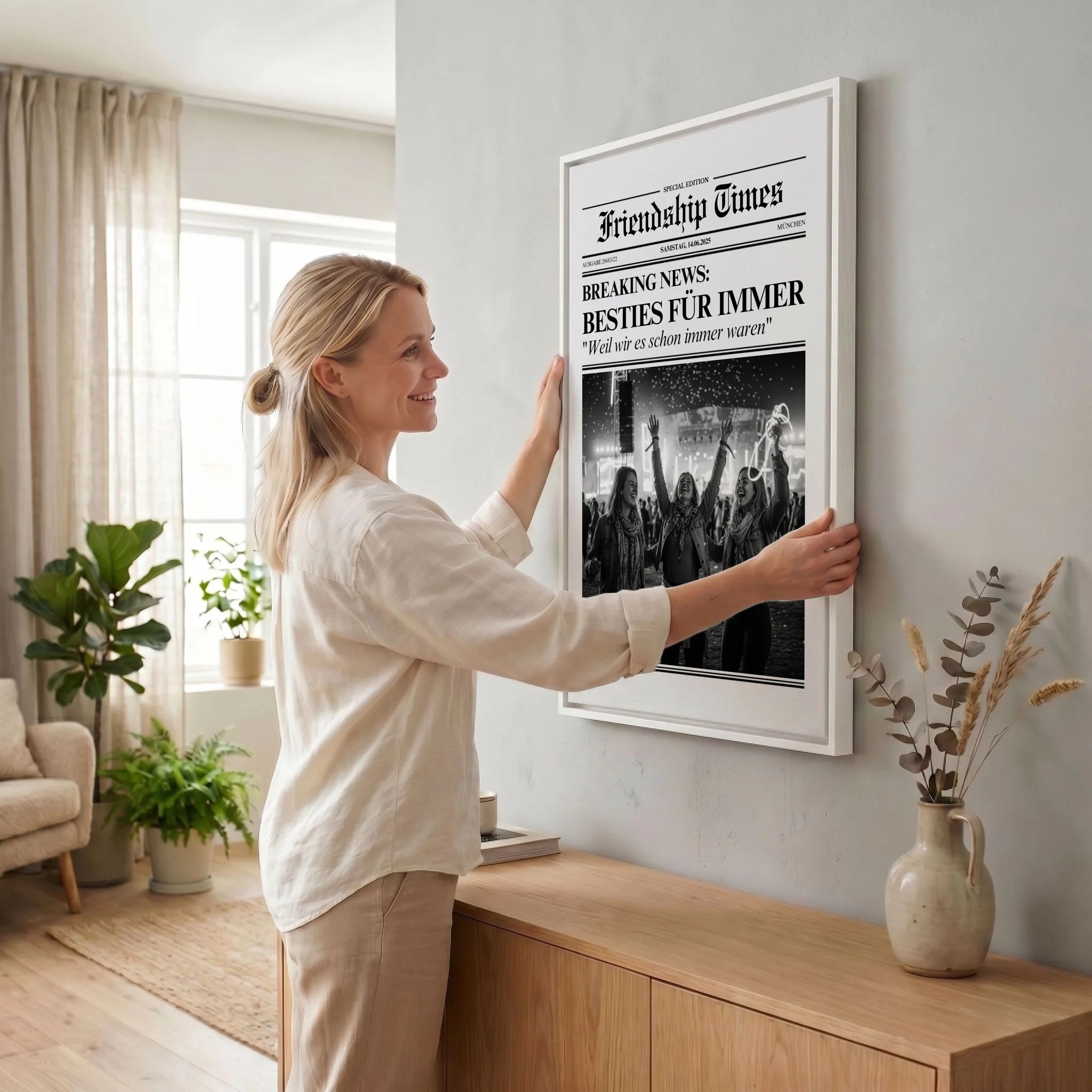 Frau hängt Leinwand auf 23 weiss