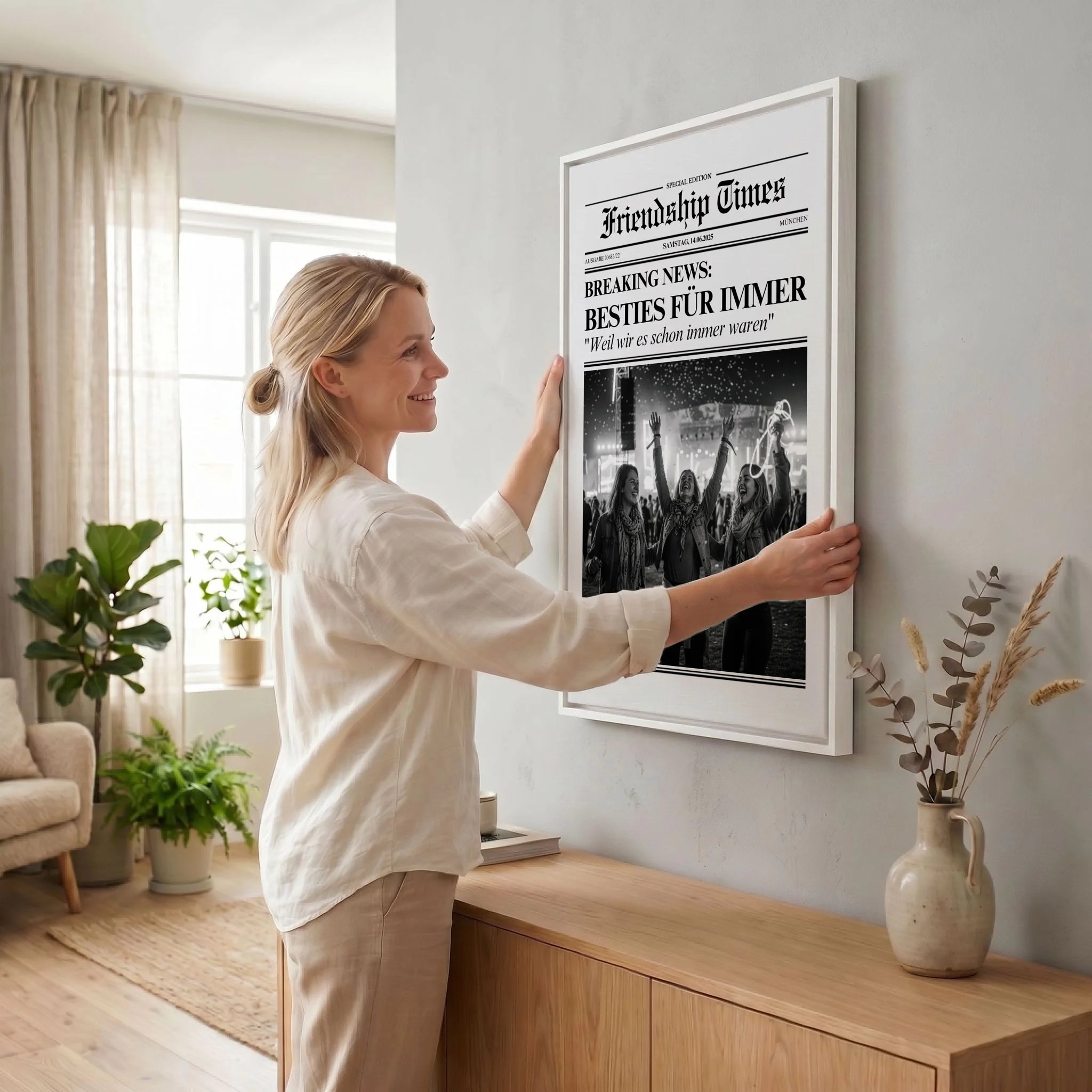 Frau hängt Leinwand auf 23 weiss