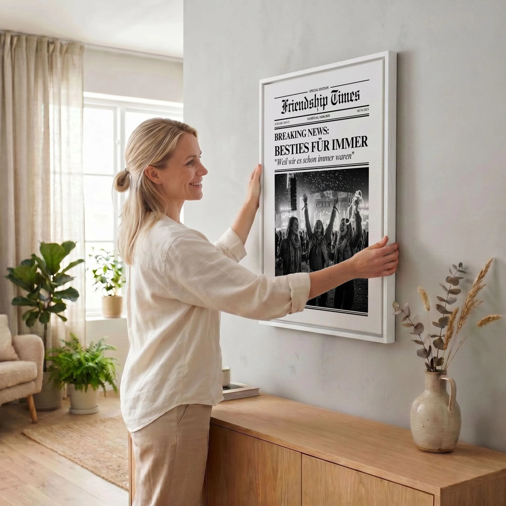 Frau hängt Leinwand auf 34 weiss