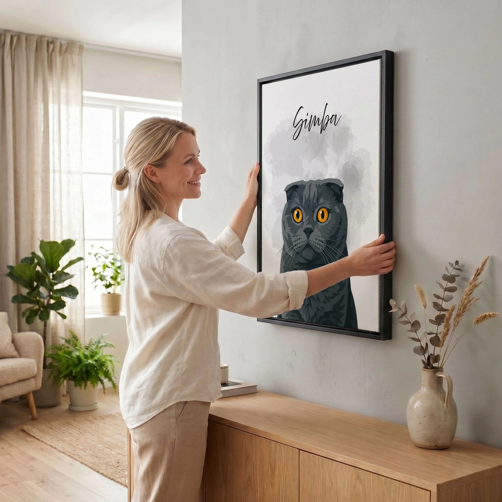 Frau hängt Leinwand auf 34 black