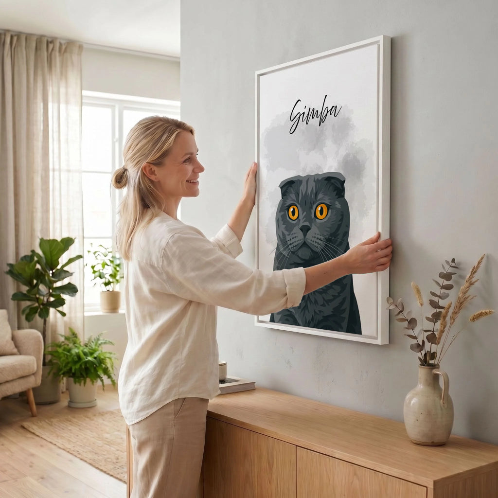 Frau hängt Leinwand auf 23 weiss
