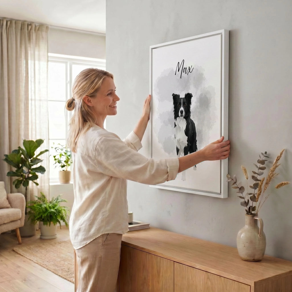 Frau hängt Leinwand auf 34 weiss