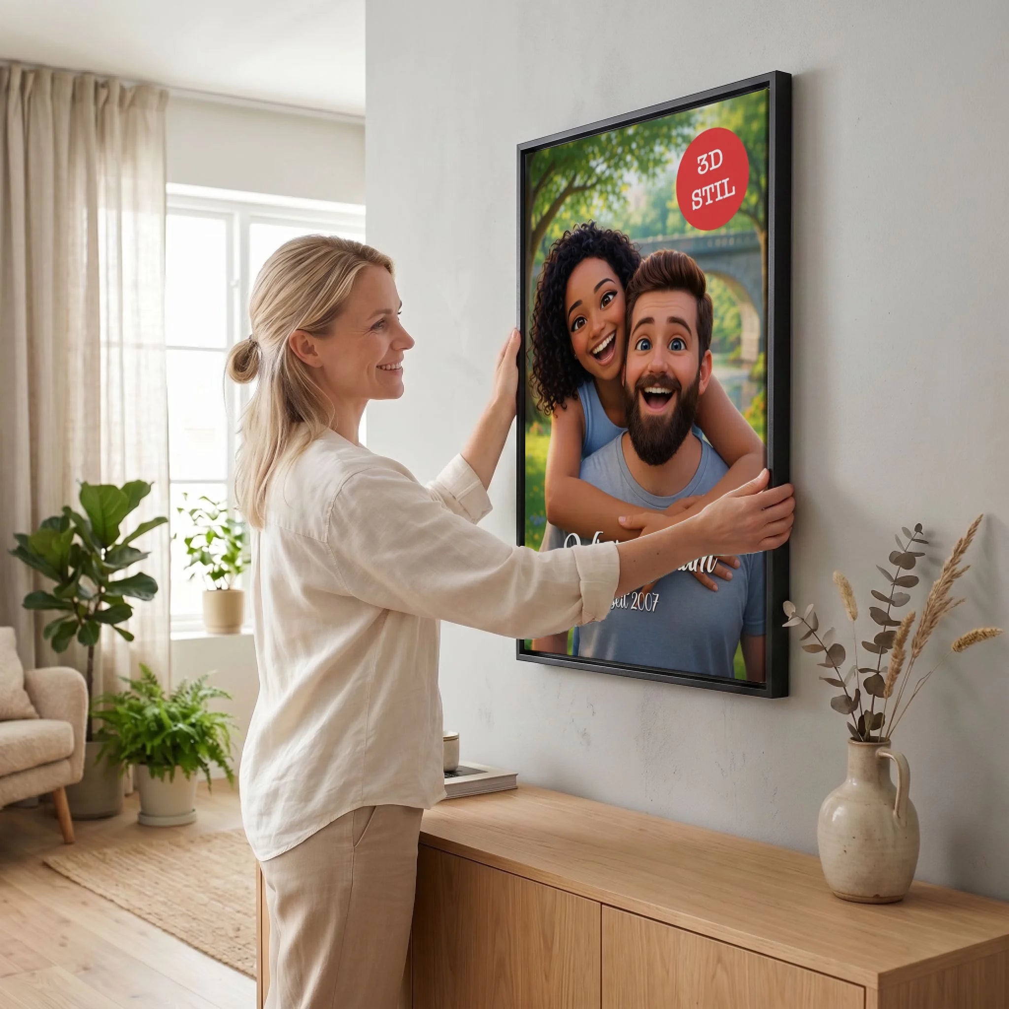 Frau hängt Leinwand auf 23 black