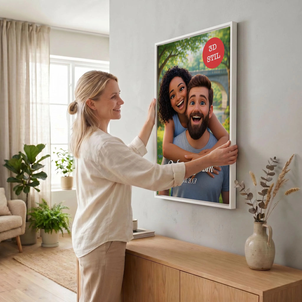 Frau hängt Leinwand auf 23 weiss