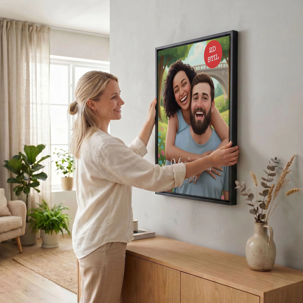Frau hängt Leinwand auf 34 black
