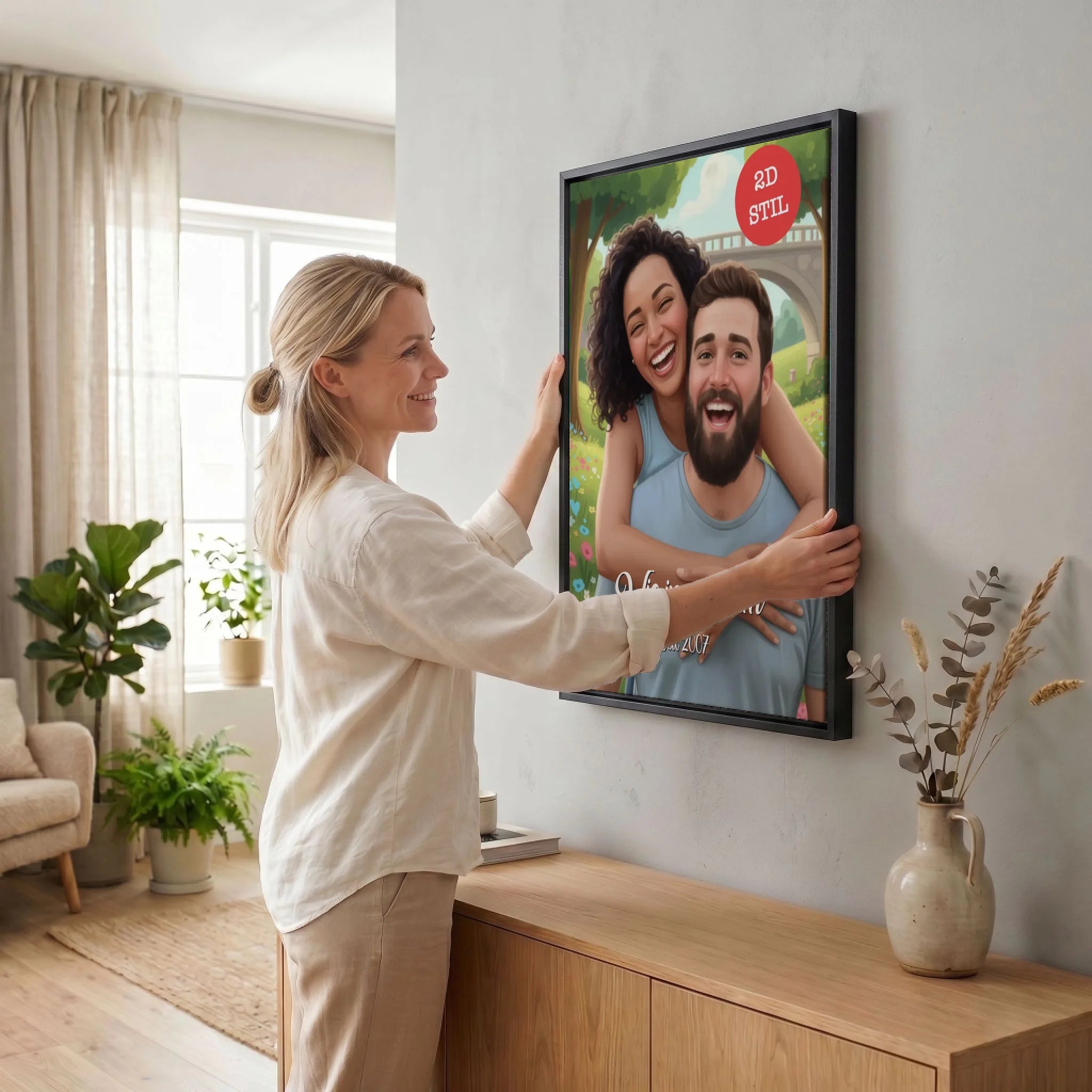 Frau hängt Leinwand auf 34 black