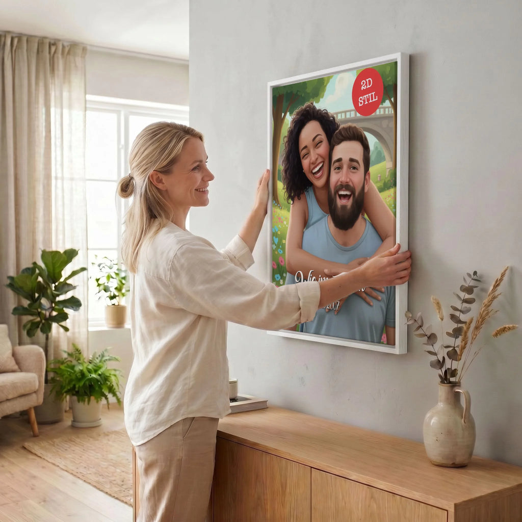 Frau hängt Leinwand auf 34 weiss