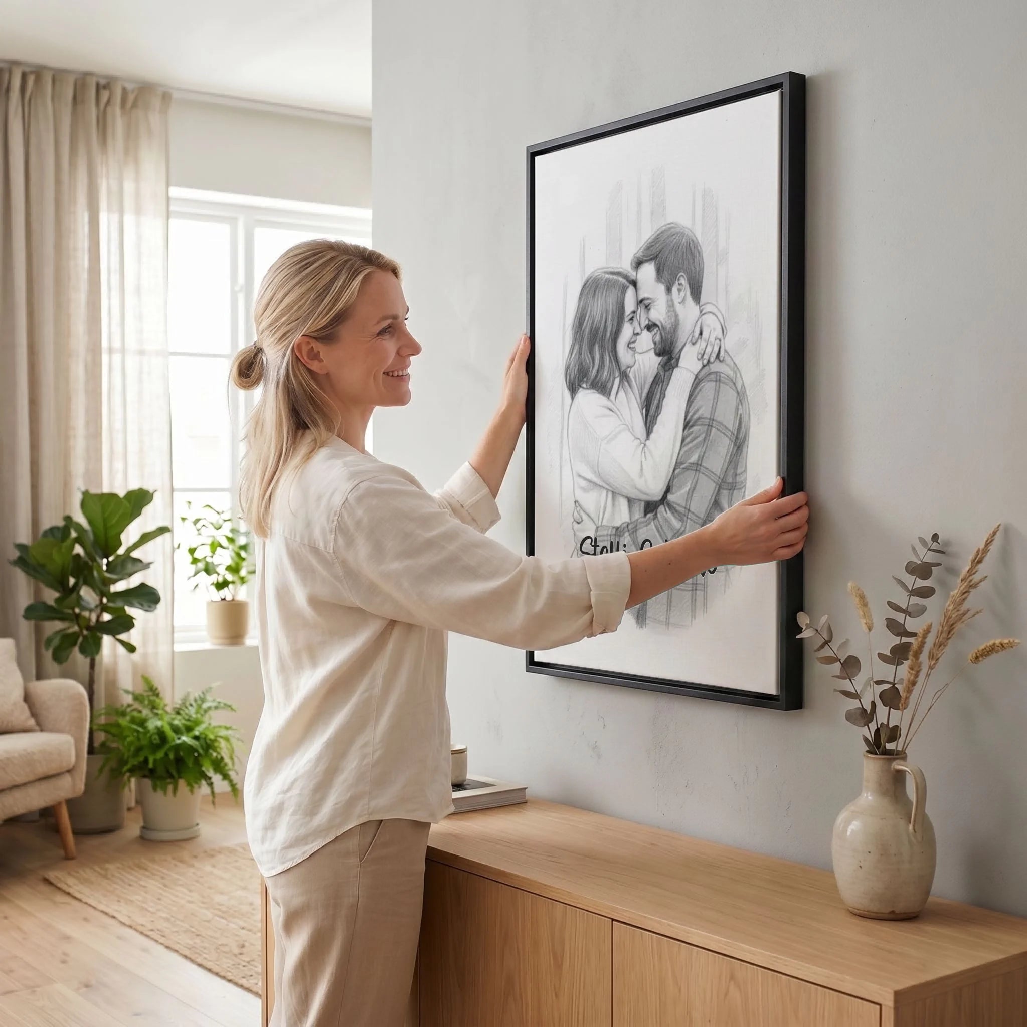 Frau hängt Leinwand auf 23 black