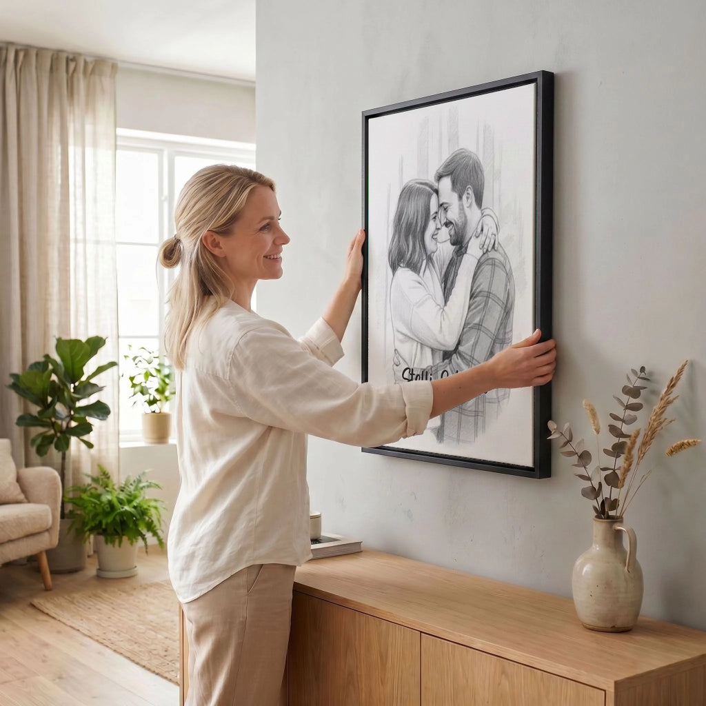 Frau hängt Leinwand auf 34 black
