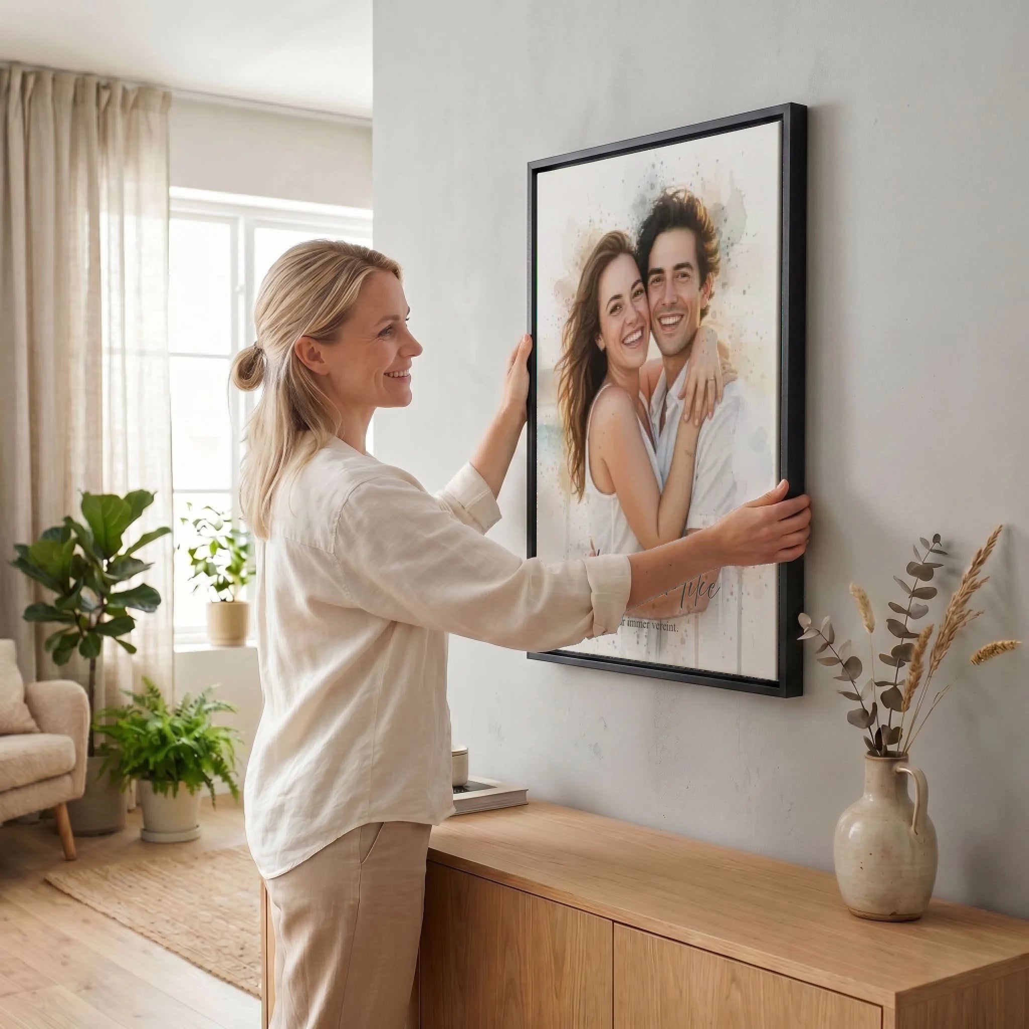 Frau hängt Leinwand auf 34 black