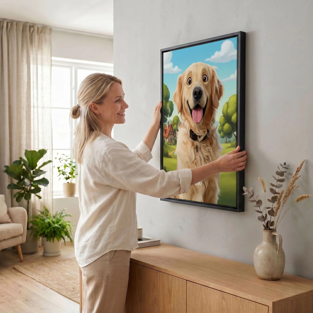 Frau hängt Leinwand auf 34 black