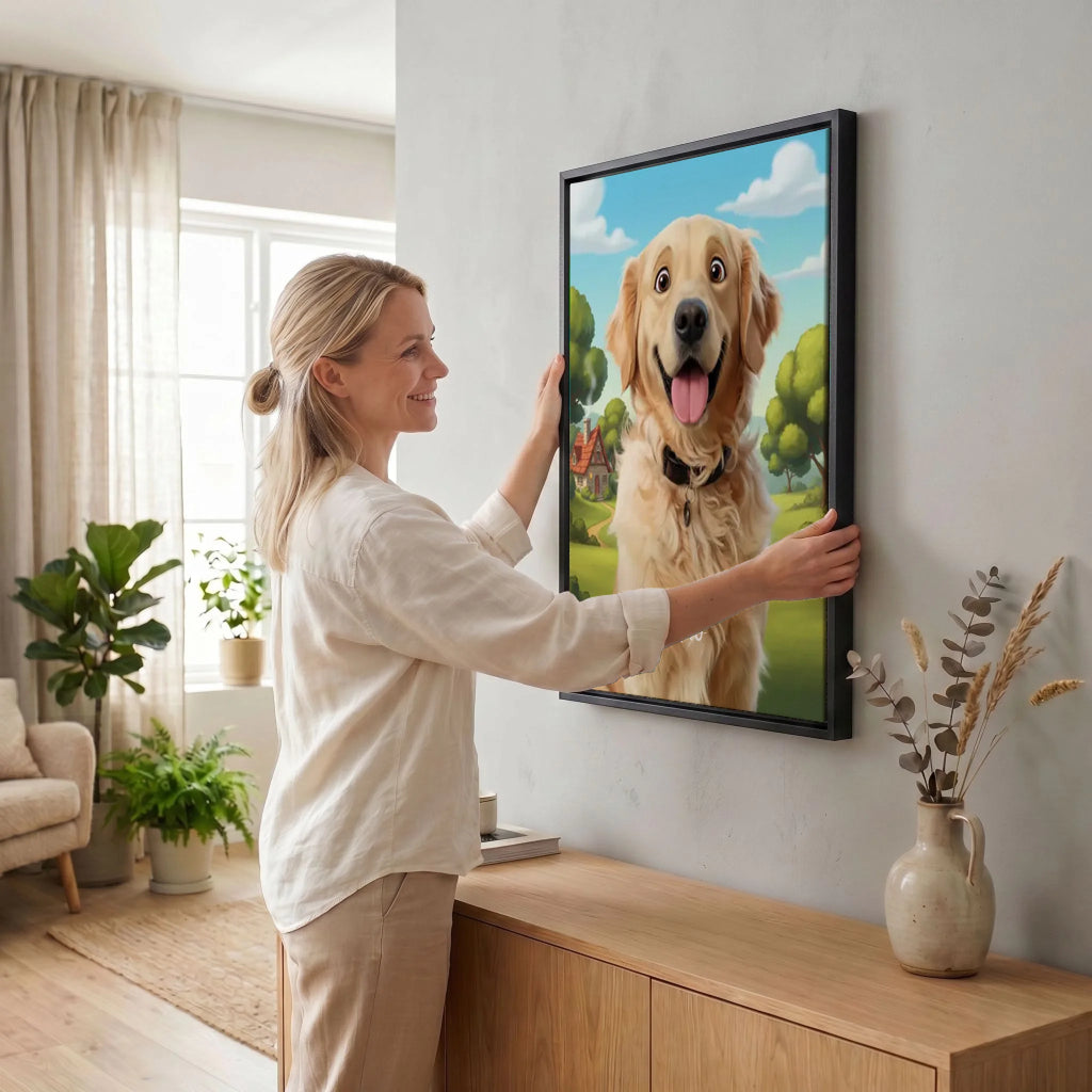 Frau hängt Leinwand auf 34 black