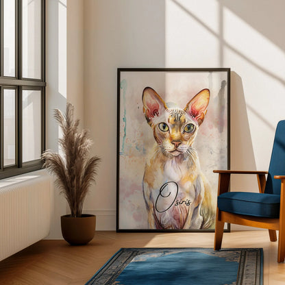 Aquarell-Tierportrait einer edlen Sphynx Katze im Wasserfarben-Stil auf Fine-Art Papier im schwarzen Bilderrahmen 60x 90 cm. Vor vorne neben einem Fenster an einer weißen Wand lehnend.