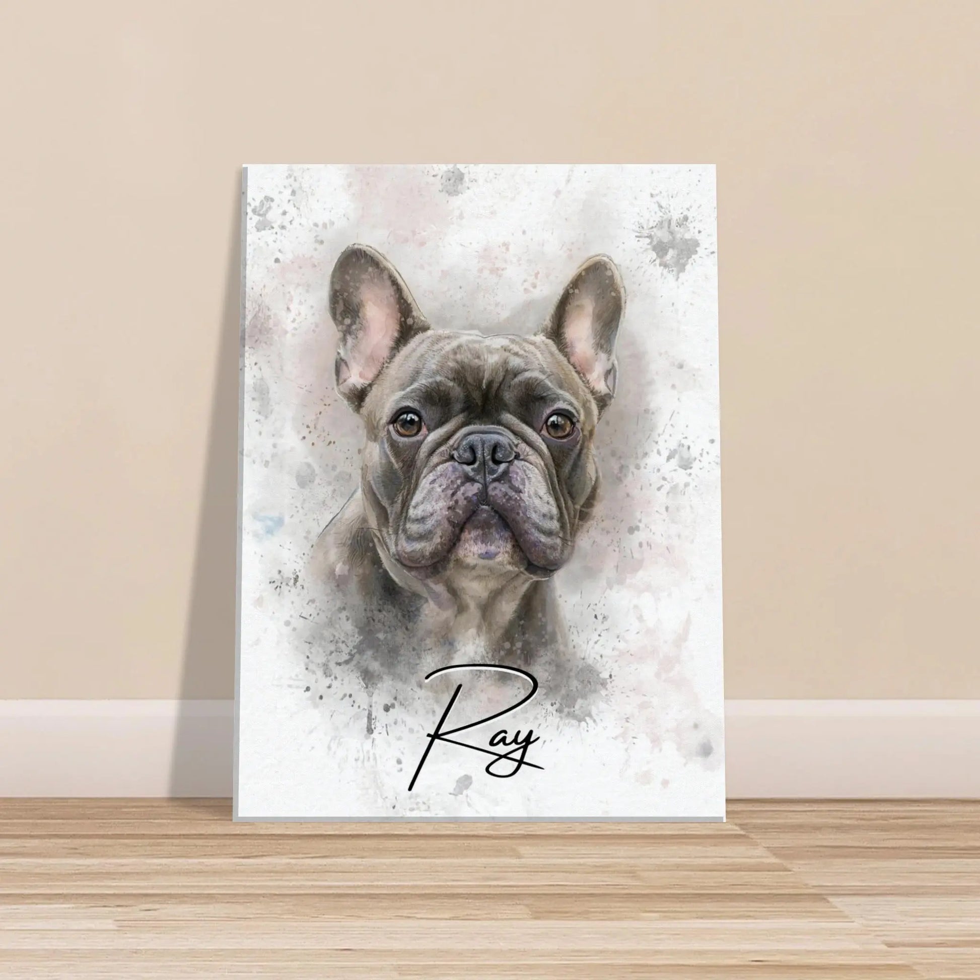 Aquarell-Tierportrait einer englischen Bulldogge im Wasserfarben-Stil auf Leinwand 30x40 cm. Vor vorne an einer Wand lehnend.