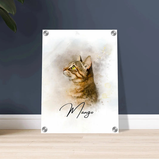 Aquarell-Tierportrait einer gestreiften Katze  im Wasserfarben-Stil auf Acrylglas 30x40 cm. Vor vorne an einer Wand lehnend.