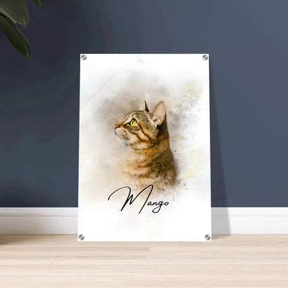 Aquarell-Tierportrait einer gestreiften Katze  im Wasserfarben-Stil auf Acrylglas 50x70 cm. Vor vorne an einer Wand lehnend.