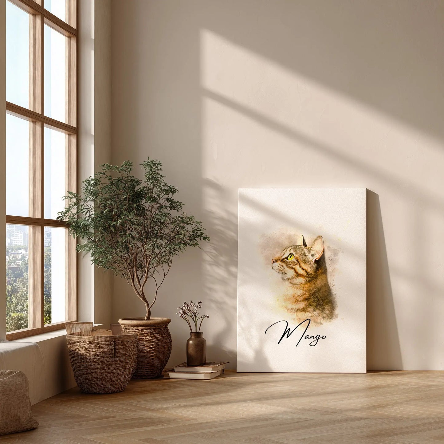 Aquarell Tierportrait einer orangefarbenen Hauskatze auf Leinwand 50x70 cm. Von vorne an einer Wand lehnend neben einem Fenster.