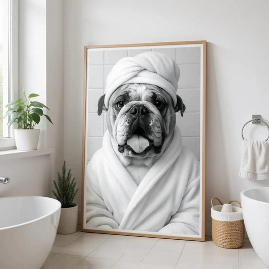 Lustiges Tierportrait einer englischen Bulldogge im Wellness-Stil mit Bademantel und Handtuch auf Fine-Art Papier im holzfarbenen Bilderrahmen 60x90 cm. Seitlicher Blick an einer Wand im Badezimmer lehnend.