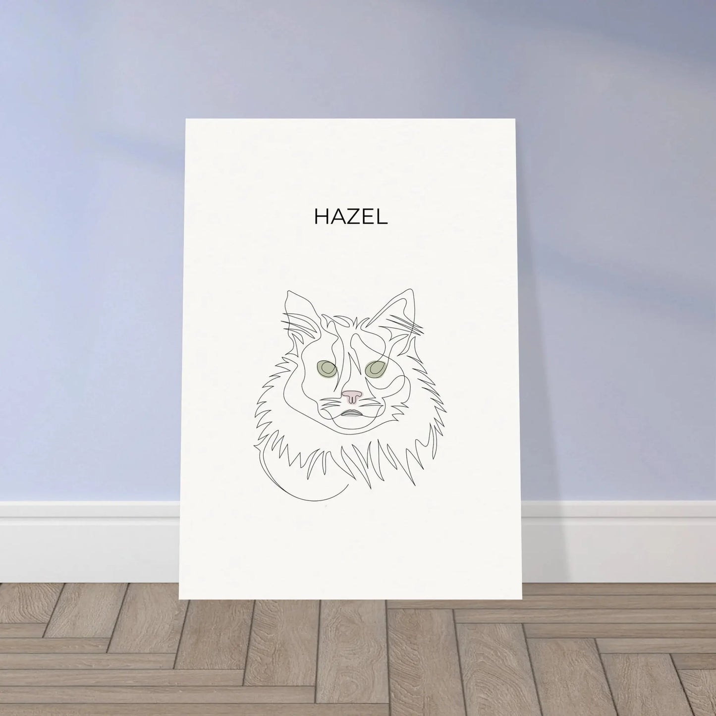 Minimalistisches One Line Art Katzenportrait Hazel, individuelles Haustierportrait nach Fotovorlage auf Fine Art Papier in 50x70cm. Frontal an einer Wand lehnend.