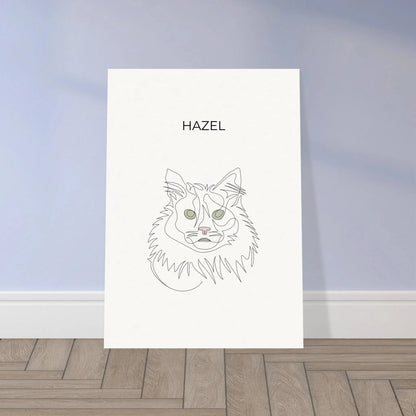 Minimalistisches One Line Art Katzenportrait Hazel, individuelles Haustierportrait nach Fotovorlage auf Fine Art Papier in 50x70cm. Frontal an einer Wand lehnend.