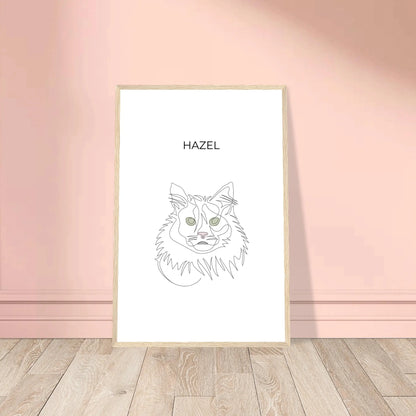 Minimalistisches One Line Art Katzenportrait mit Namen Hazel, individuelles Haustierportrait nach Fotovorlage im modernen Stil als Wandbild mit holzfarbenen Rahmen in 40x60cm.