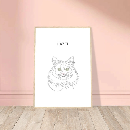 Minimalistisches One Line Art Katzenportrait mit Namen Hazel, individuelles Haustierportrait nach Fotovorlage im modernen Stil als Wandbild mit holzfarbenen Rahmen in 50x70cm.