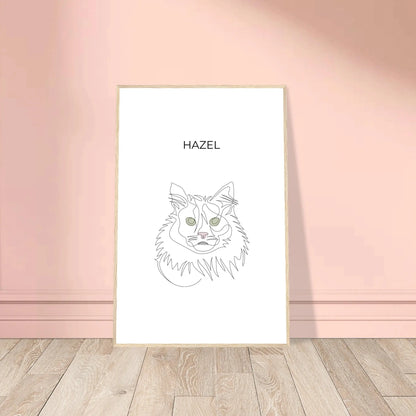 Minimalistisches One Line Art Katzenportrait mit Namen Hazel, individuelles Haustierportrait nach Fotovorlage im modernen Stil als Wandbild mit holzfarbenen Rahmen in 60x90cm.