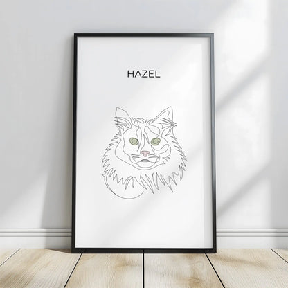 Minimalistisches One Line Art Katzenportrait mit Namen Hazel, individuelles Haustierportrait nach Fotovorlage im modernen Stil als Wandbild mit schwarzem Rahmen in 40x60cm frontal an einer weissen Wand lehnend.