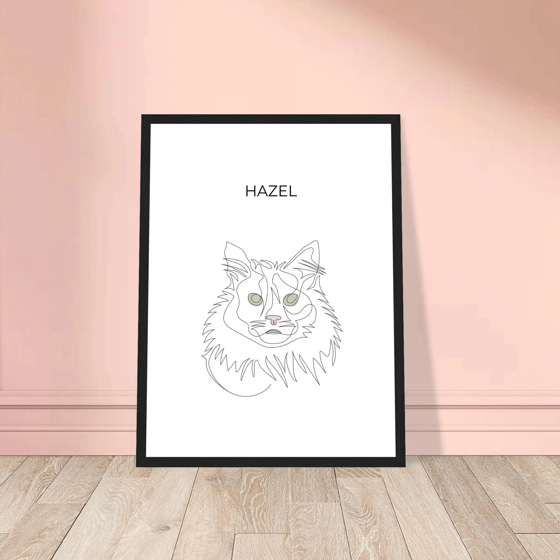 Minimalistisches One Line Art Katzenportrait mit Namen Hazel, individuelles Haustierportrait nach Fotovorlage im modernen Stil als Wandbild mit schwarzen Rahmen in 30x40cm.