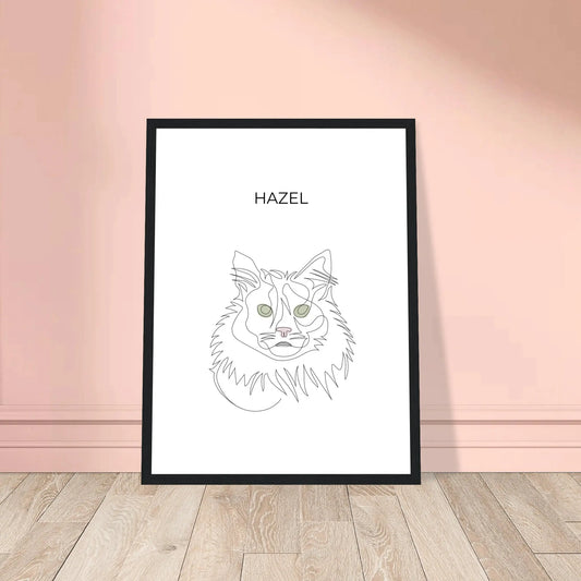 Minimalistisches One Line Art Katzenportrait mit Namen Hazel, individuelles Haustierportrait nach Fotovorlage im modernen Stil als Wandbild mit schwarzen Rahmen in 30x40cm.
