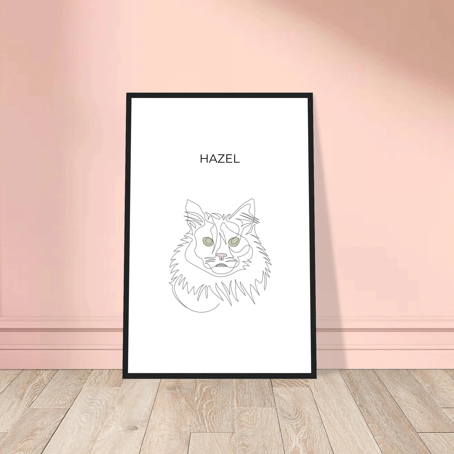 Minimalistisches One Line Art Katzenportrait mit Namen Hazel, individuelles Haustierportrait nach Fotovorlage im modernen Stil als Wandbild mit schwarzen Rahmen in 40x60cm.
