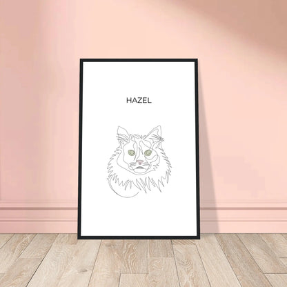 Minimalistisches One Line Art Katzenportrait mit Namen Hazel, individuelles Haustierportrait nach Fotovorlage im modernen Stil als Wandbild mit schwarzen Rahmen in 40x60cm.