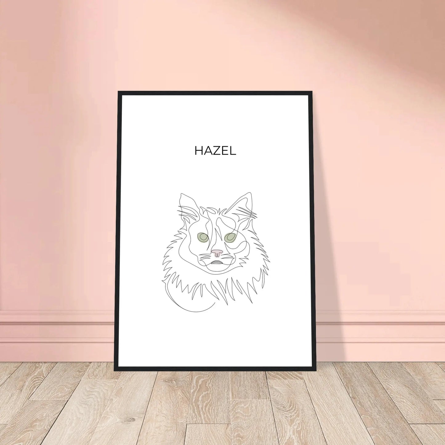 Minimalistisches One Line Art Katzenportrait mit Namen Hazel, individuelles Haustierportrait nach Fotovorlage im modernen Stil als Wandbild mit schwarzen Rahmen in 50x70cm.