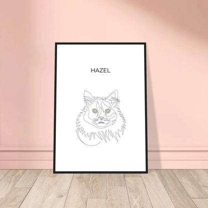 Minimalistisches One Line Art Katzenportrait mit Namen Hazel, individuelles Haustierportrait nach Fotovorlage im modernen Stil als Wandbild mit schwarzen Rahmen in 50x70cm.