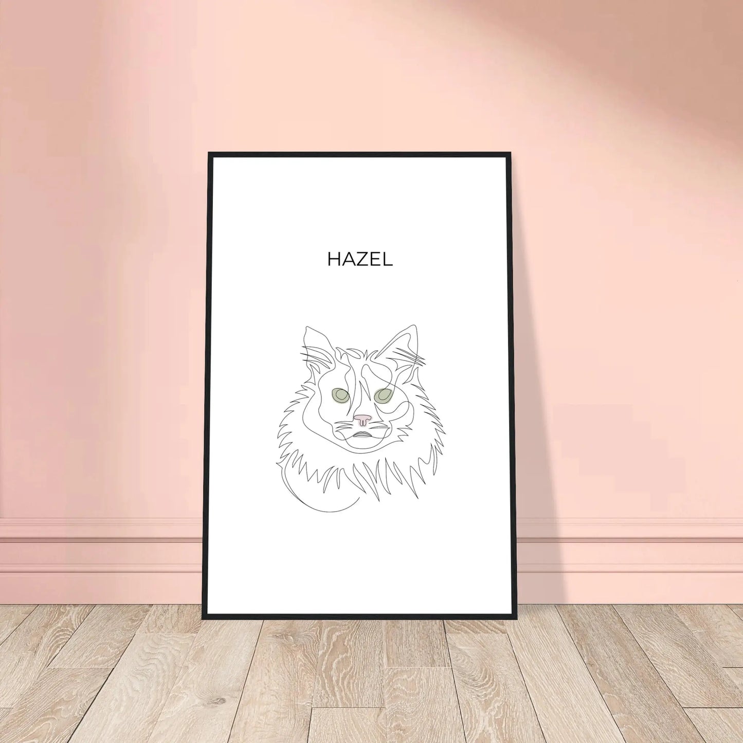 Minimalistisches One Line Art Katzenportrait mit Namen Hazel, individuelles Haustierportrait nach Fotovorlage im modernen Stil als Wandbild mit schwarzen Rahmen in 60x90cm.