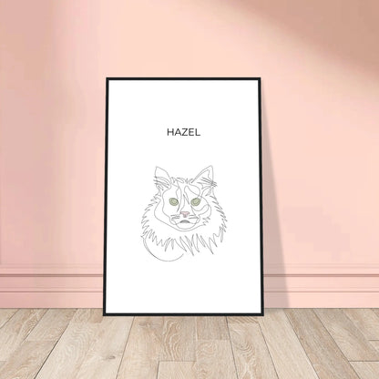 Minimalistisches One Line Art Katzenportrait mit Namen Hazel, individuelles Haustierportrait nach Fotovorlage im modernen Stil als Wandbild mit schwarzen Rahmen in 60x90cm.