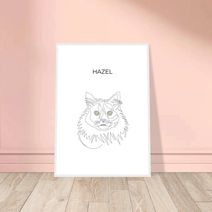 Minimalistisches One Line Art Katzenportrait mit Namen Hazel, individuelles Haustierportrait nach Fotovorlage im modernen Stil als Wandbild mit weissen Rahmen in 50x70cm.