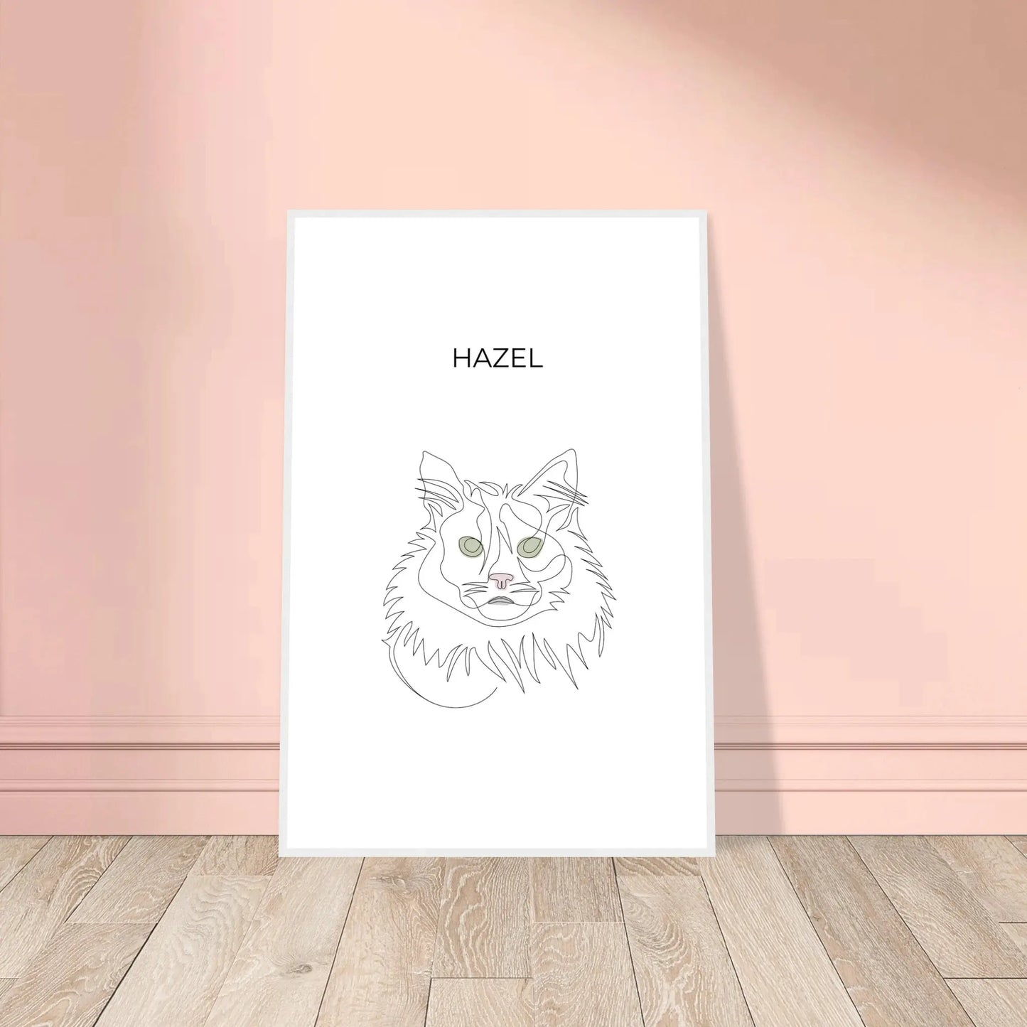 Minimalistisches One Line Art Katzenportrait mit Namen Hazel, individuelles Haustierportrait nach Fotovorlage im modernen Stil als Wandbild mit weissen Rahmen in 60x90cm.