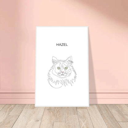 Minimalistisches One Line Art Katzenportrait mit Namen Hazel, individuelles Haustierportrait nach Fotovorlage im modernen Stil als Wandbild mit weissen Rahmen in 60x90cm.
