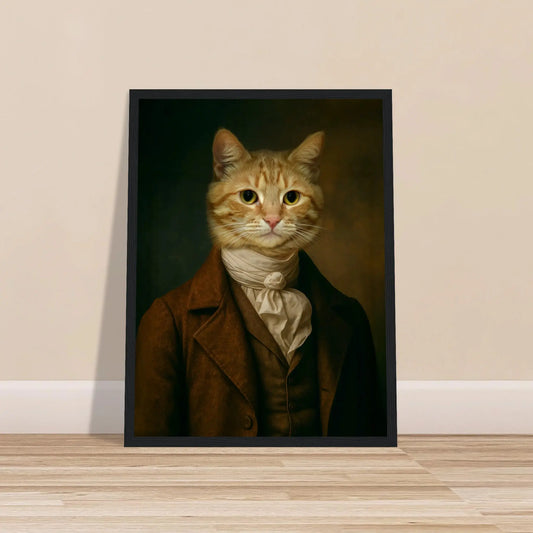 Renaissance Tierportrait einer orangefarbenen getigerten Katze im Kleidungsstil eines edlen Mannes mit Halstuch. Frontal im schwarzen Bilderrahmen in 30 x 40 cm an einer Wand lehnend.